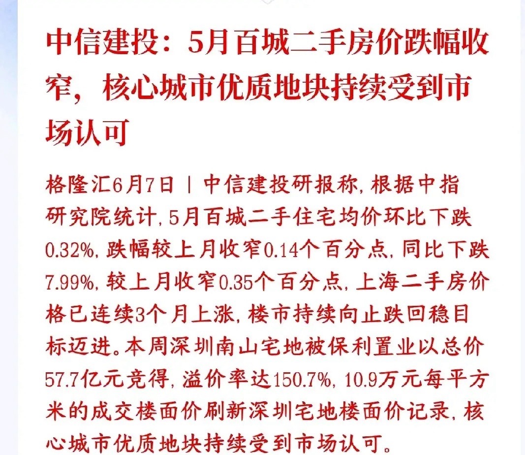 房地产拐点来了，券商大机构力挺核心大城市房地产市场中信建投数据显示5月全国100