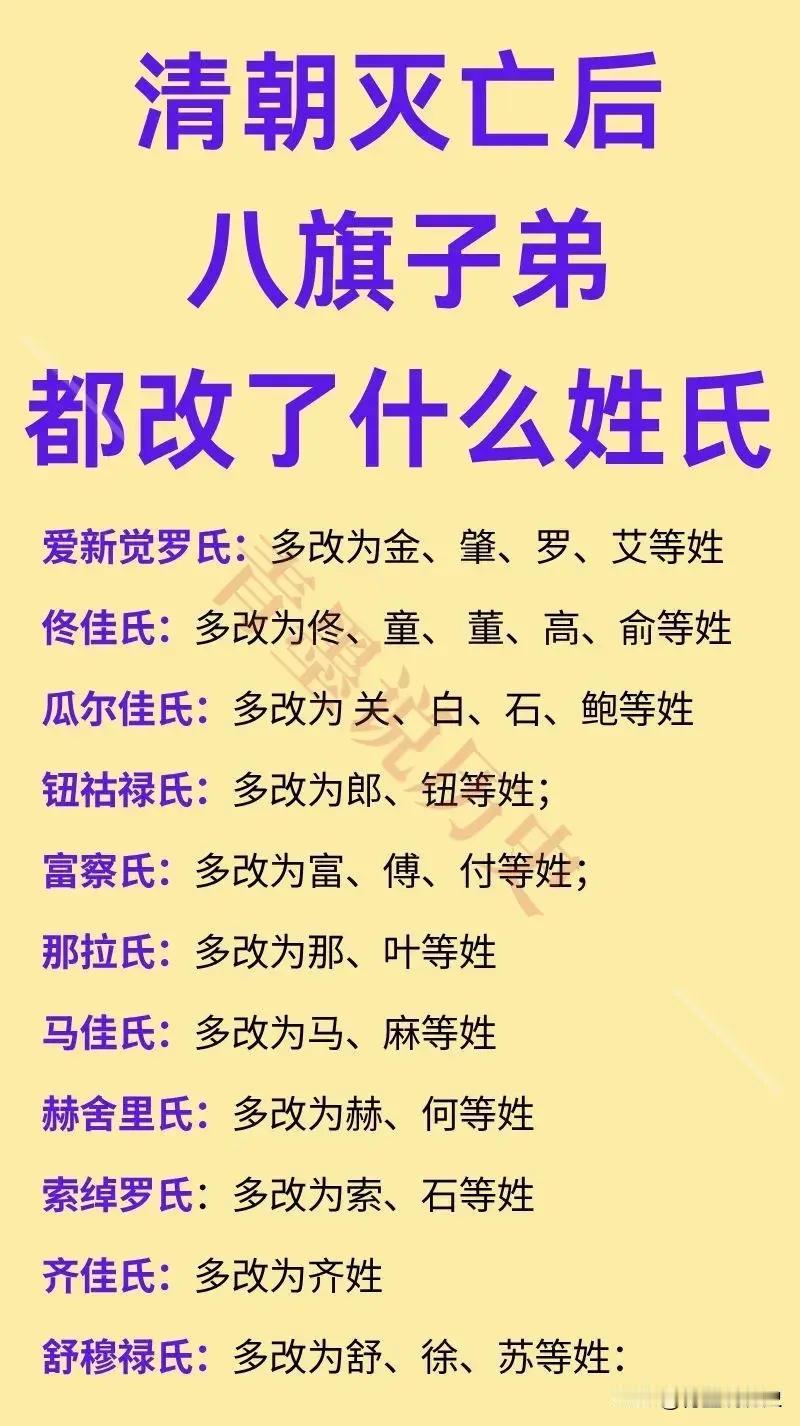 清朝灭亡后，曾经的八旗子弟都改了什么汉姓？爱新觉罗氏大多改姓为金，瓜尔佳氏作