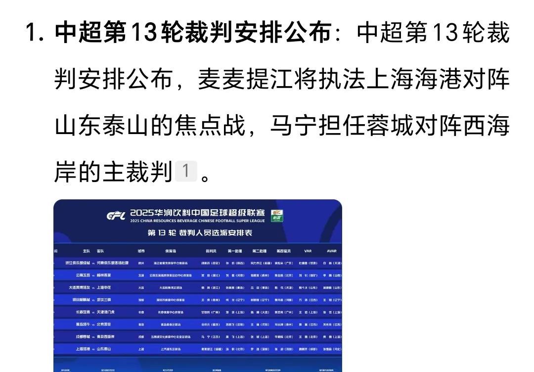 看到很多泰山球迷吐槽中超第13轮海港踢泰山的裁判选配问题，麦麦提江和唐顺齐分别担