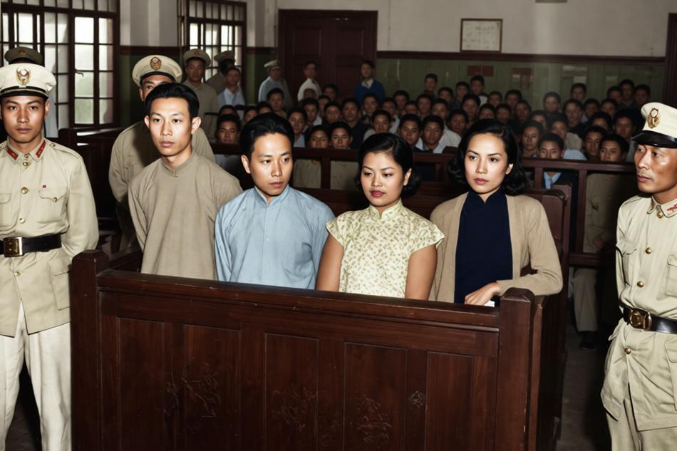 1948年秋，国民党特种刑事法庭对杜维屏等人的公审现场。照片中，四名被告站在被告