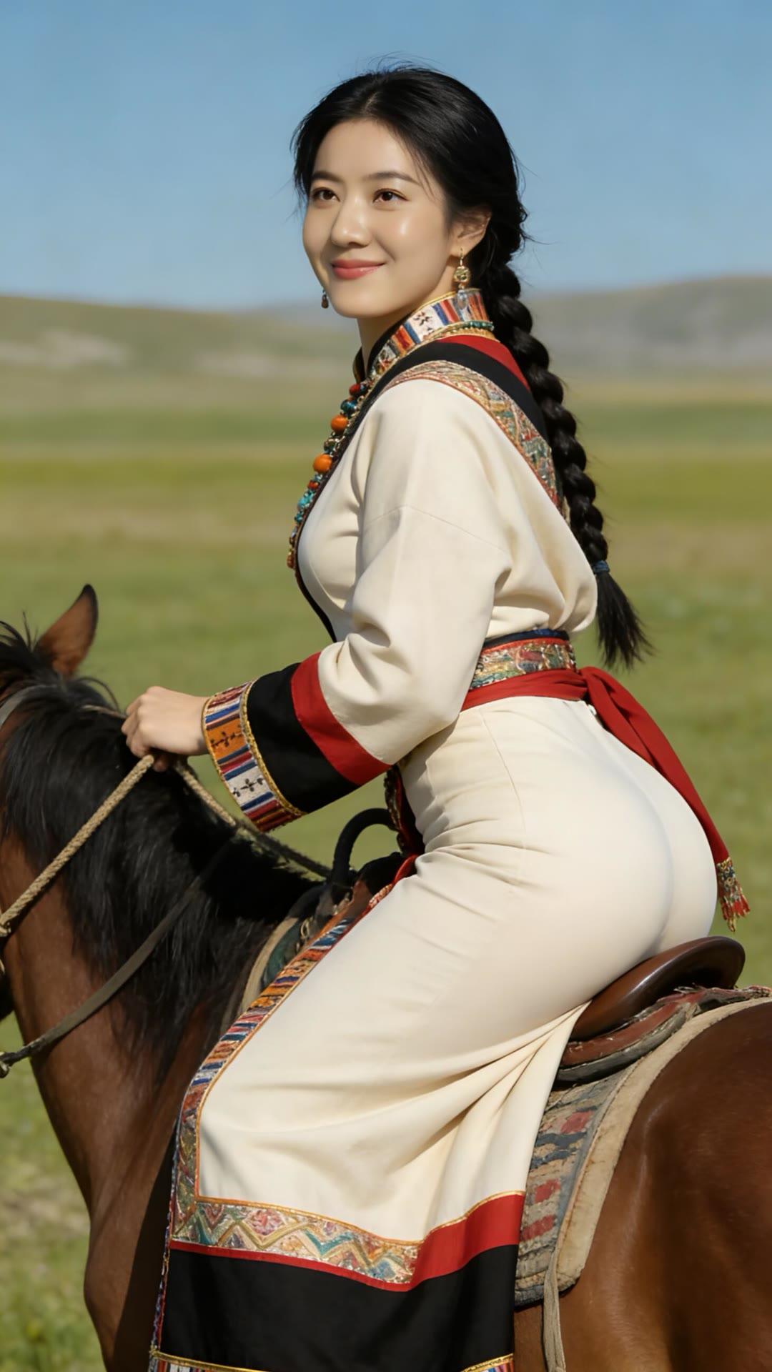 草原上的美丽骑手，传统服饰与马儿相伴，感受自然之美。
