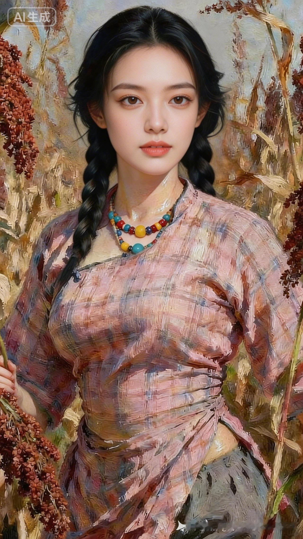 田园少女，甜美可人，色彩斑斓的项链，自然背景下的美丽瞬间。