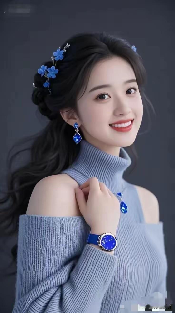 甜美少女风，蓝色花朵发饰，优雅蓝宝石耳环，清新脱俗