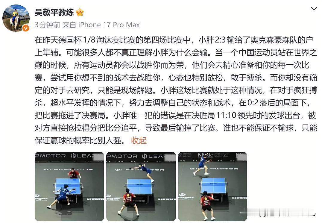 吴敬平发文谈樊振东德国杯输球，一句话点透：很多人不懂他为什么输。8月29日德