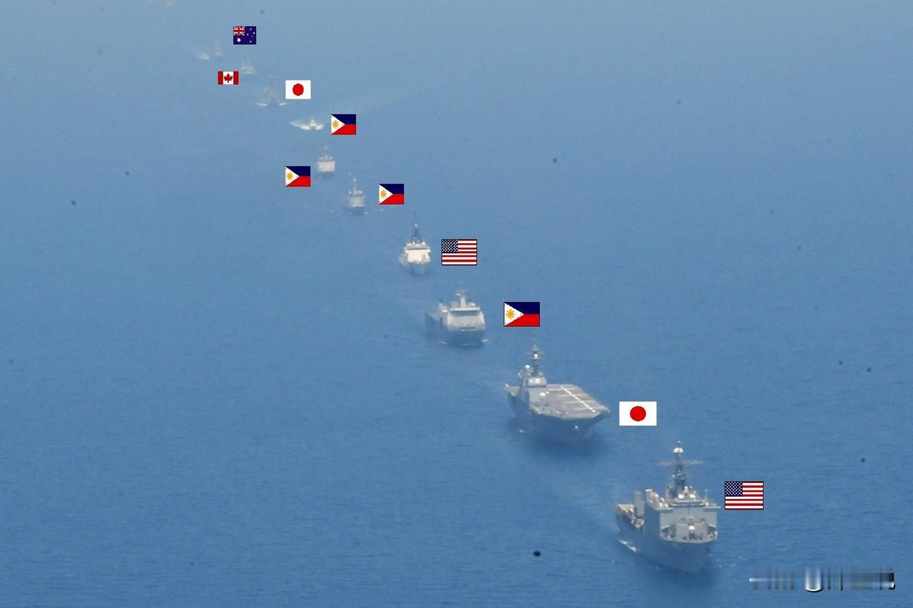 日本自卫队发布了“肩并肩”军事演习的现场照片，非常心机的将参演舰艇的国旗标注