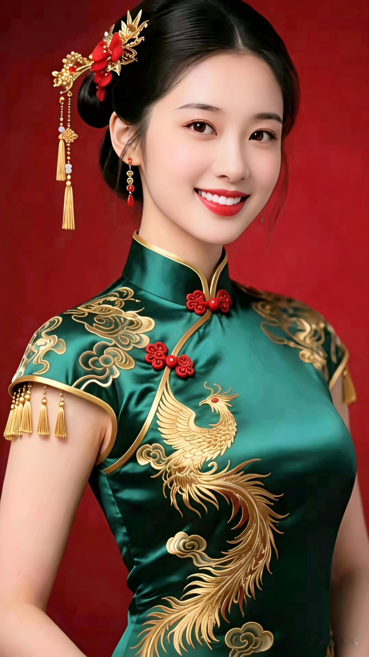 惊艳的古典美人，绿衣金凤，韵味十足！🌸💎