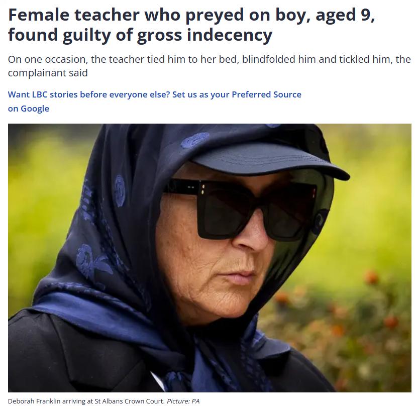 英国，一65岁女教师被指控在三十多年前担任一名9岁男生的私人家教期间，利用家长信