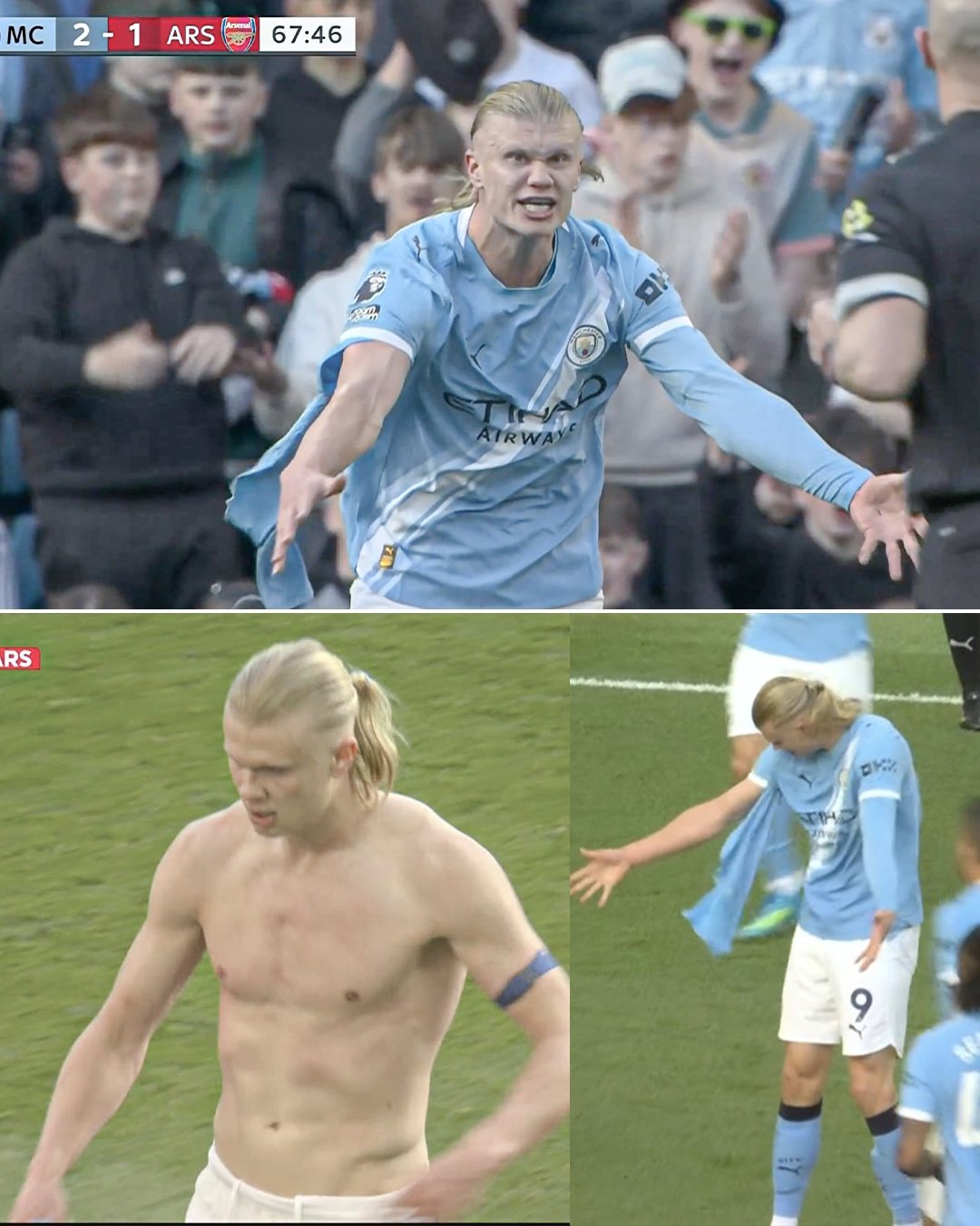 埃尔林·哈兰德对加布里埃尔拉扯并撕破他球衣的反应😭哈兰德在比赛中途脱下球衣扔