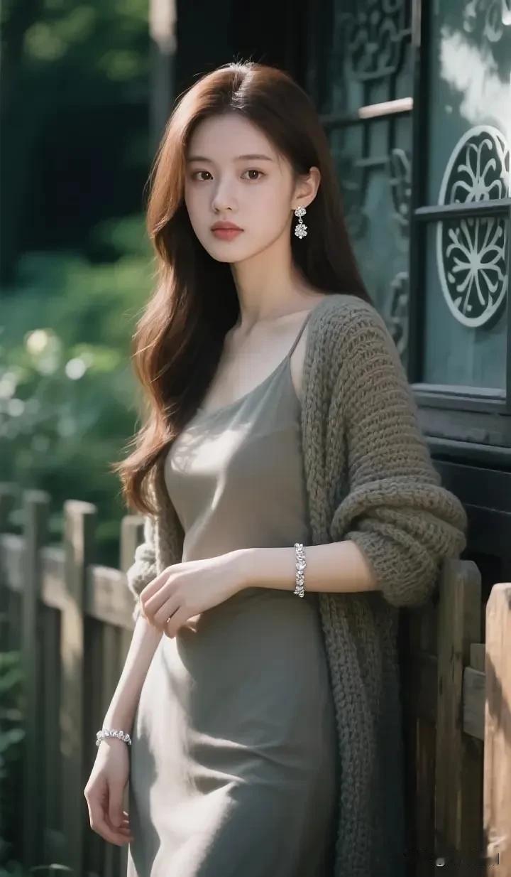 浅褐裙衬着绒衫的柔，耳间碎钻与腕间银链缀出细碎的光。巷边绿意轻漫，把温婉揉成了恰