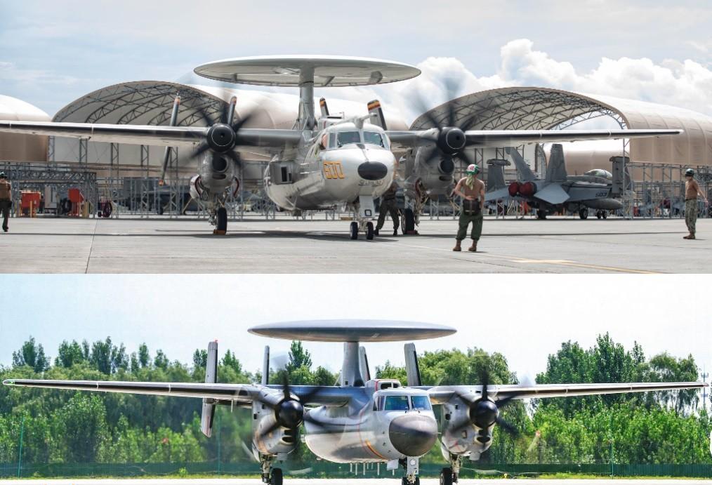 空警-600与E-2D“先进鹰眼”舰载预警机同角度的对比，仔细看两者的机体差别还