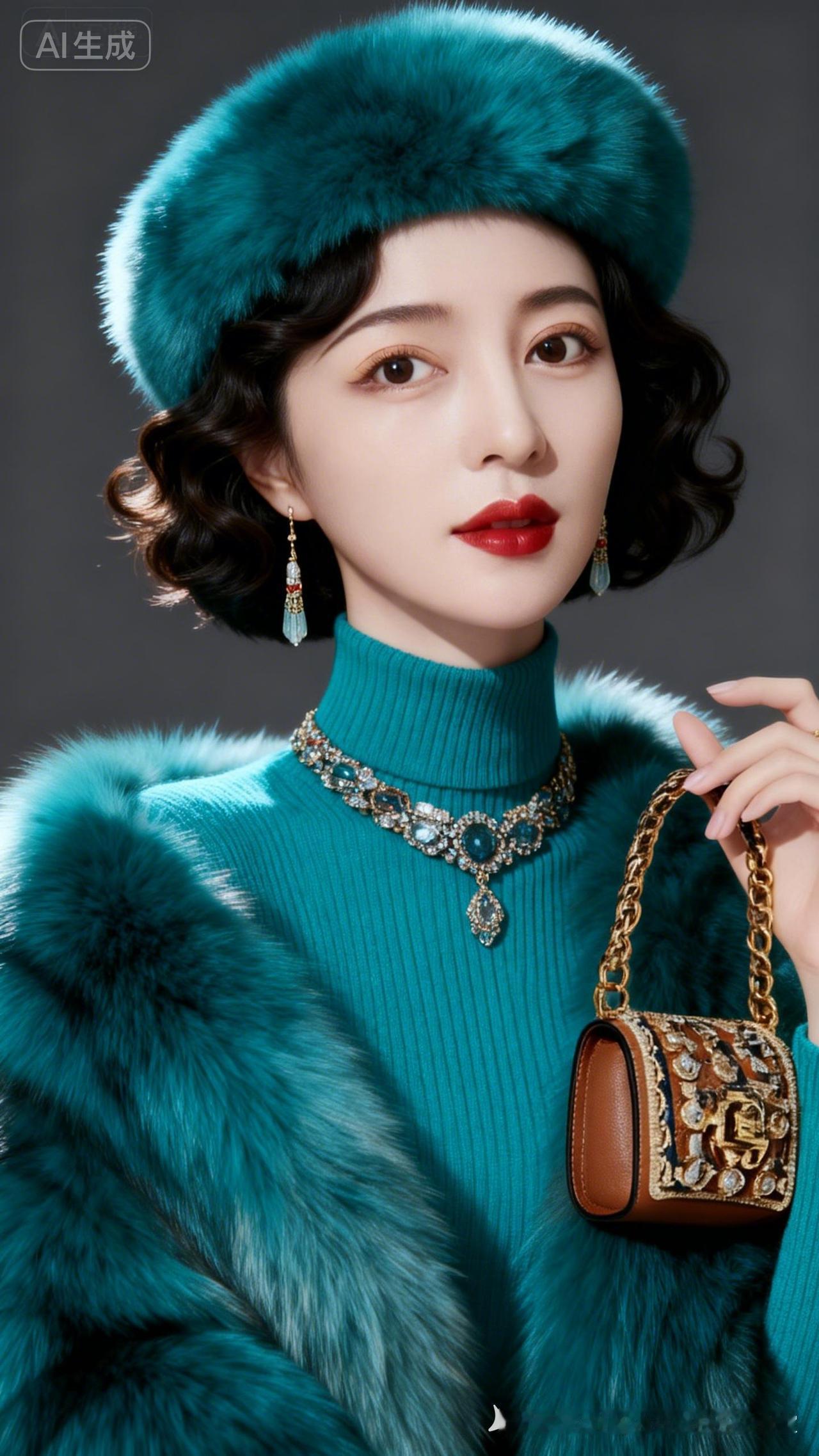 蓝绿撞色穿搭，复古毛呢外套，优雅气质满满！