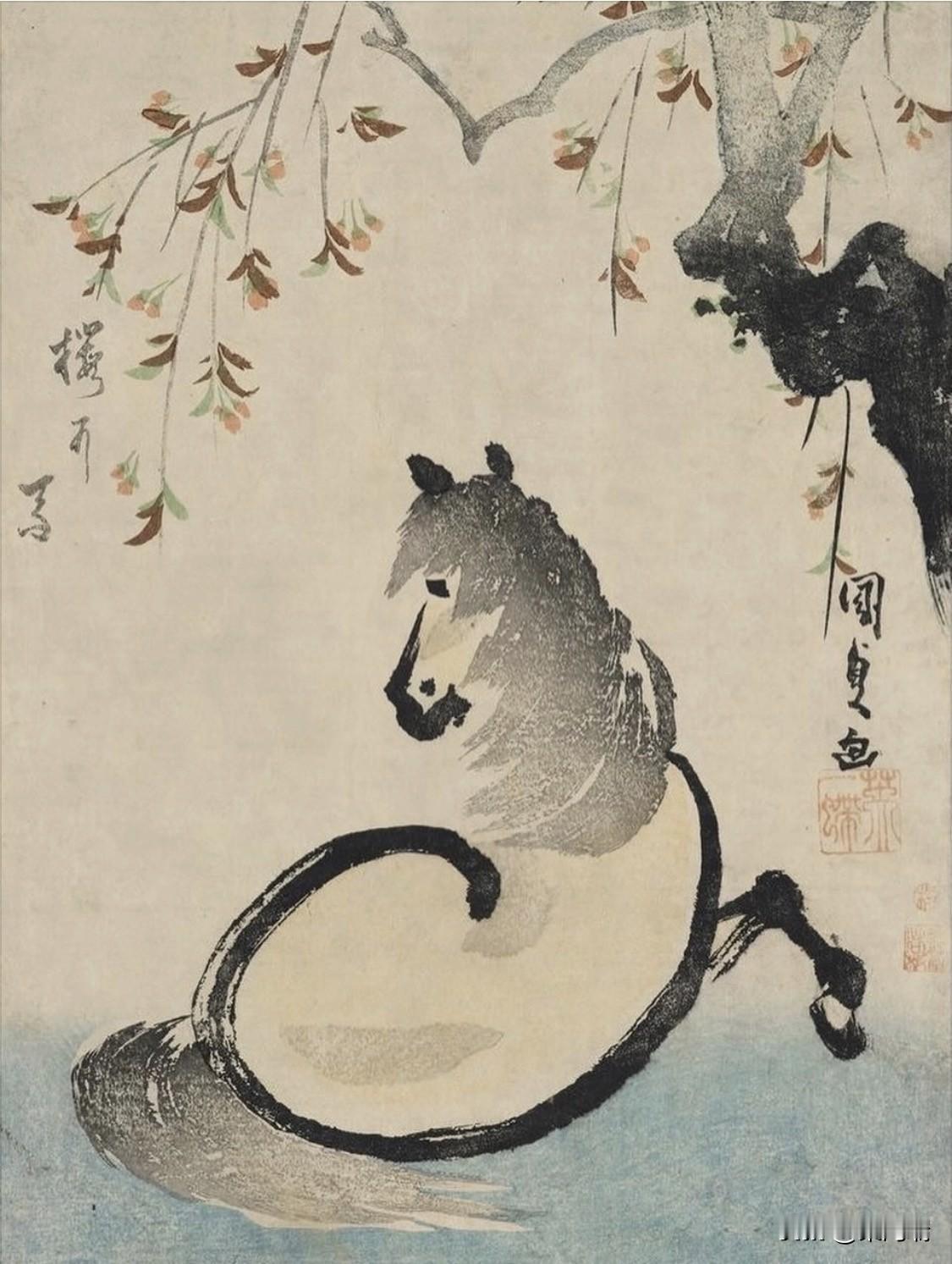 这幅作品名为《柳下马图》（HorseandWillow），是19世纪日本
