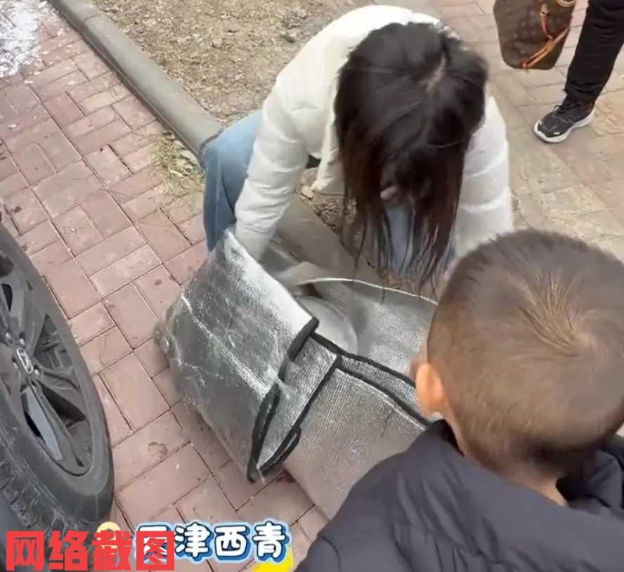 天津有女子家中孩子想要玩雪。只是天津的雪下的太小，没有让孩子引起兴趣，看到孩