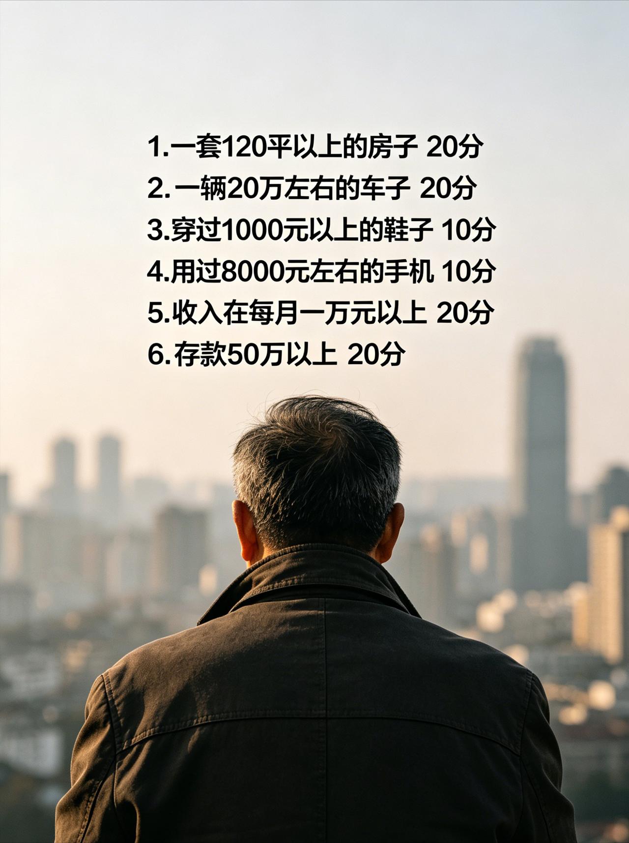 人到中年，看看你能得多少分？1.一套120平以上的房子20分；2.一辆2