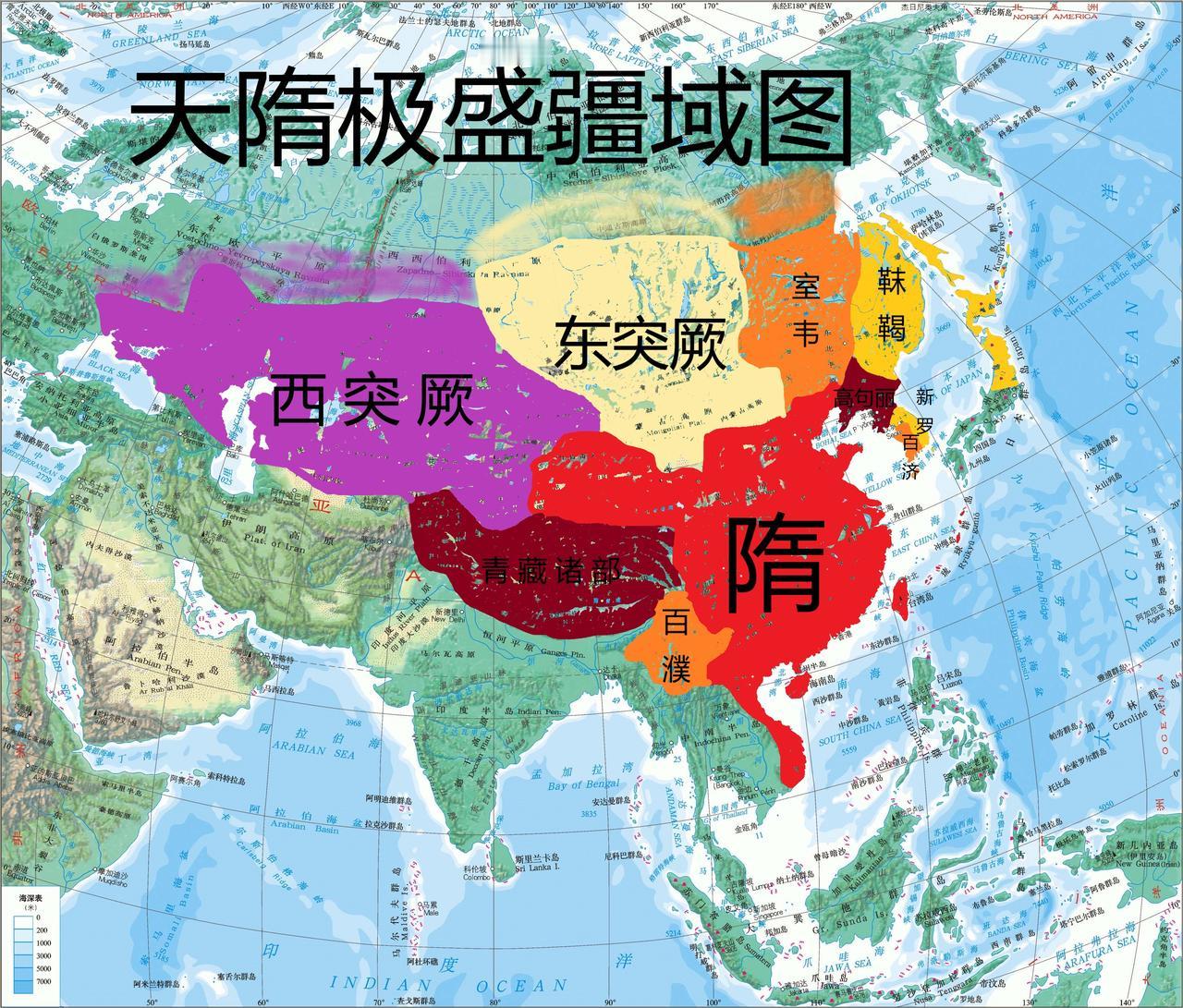 ？隋朝疆域极盛在1500万—2000万平方公里北至：东突厥称臣，北越贝加尔湖