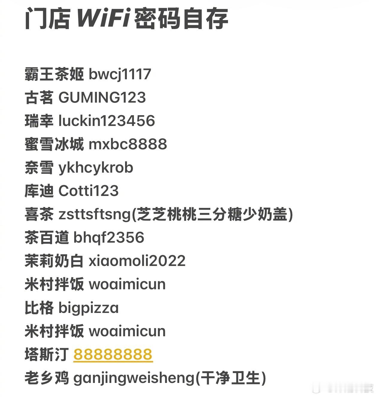 各大门店WiFi密码自存