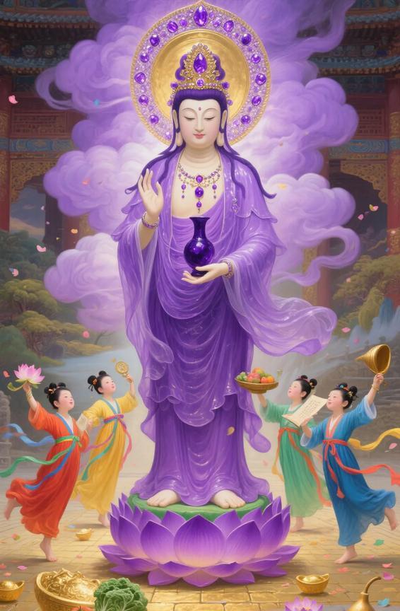 观音慈悲坐莲台，紫衣飘飘送子来。儿女聪慧又可爱，家庭和睦笑颜开。送来麟儿全家喜