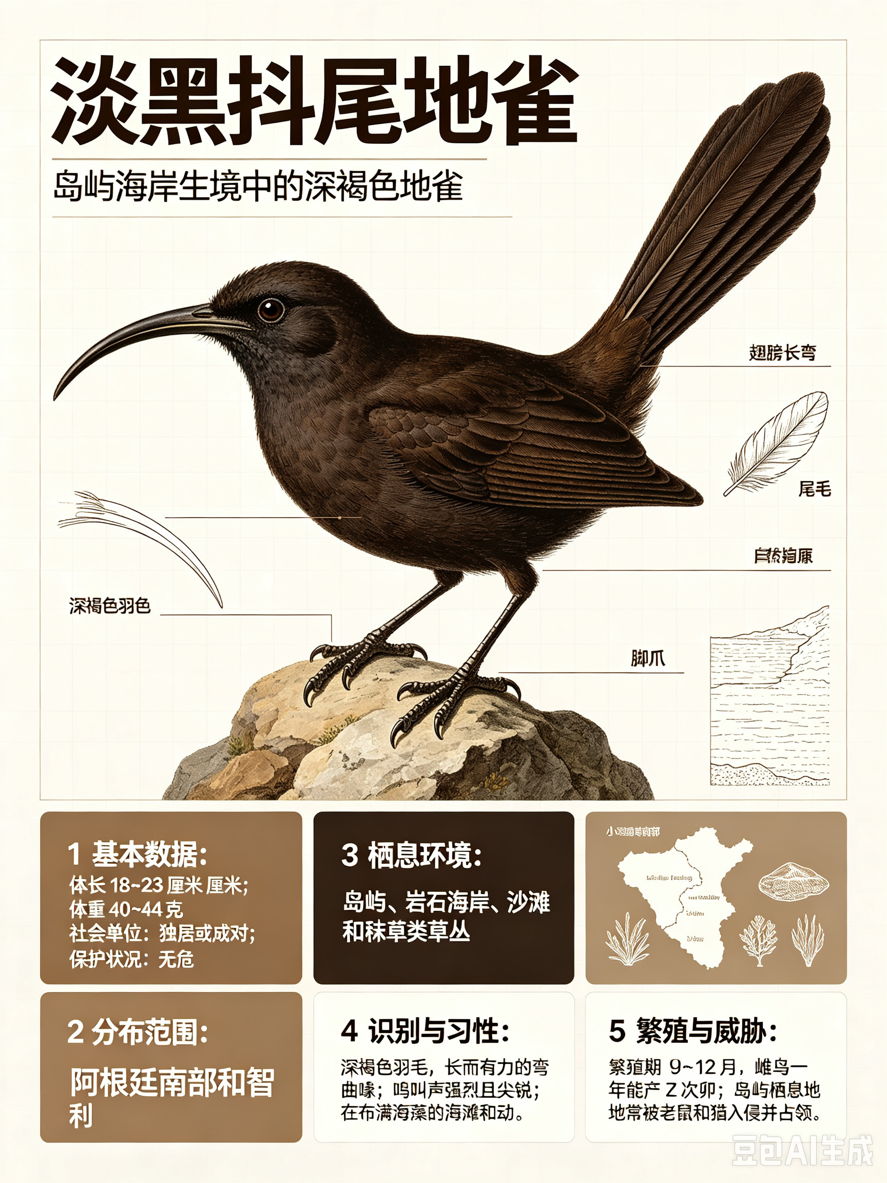 鸟类朋友图鉴淡黑抖尾地雀体长：18~23厘米体重：40~44克社会单位：独