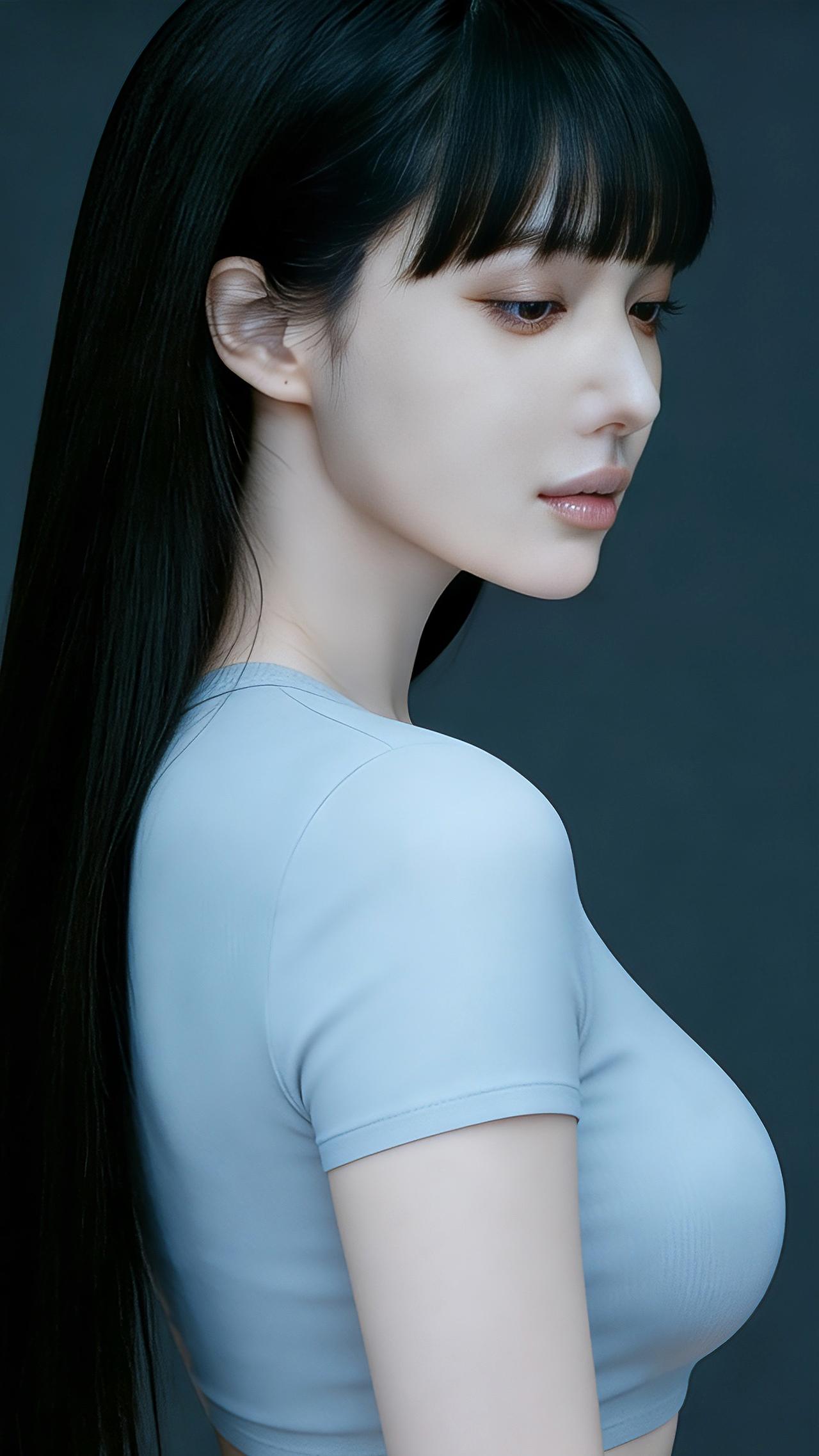 九帧同绘侧颜温婉仙！乌发如瀑垂落，齐刘海似墨云絮覆额。浅蓝浅灰衫衬雪肌肩颈，侧颜