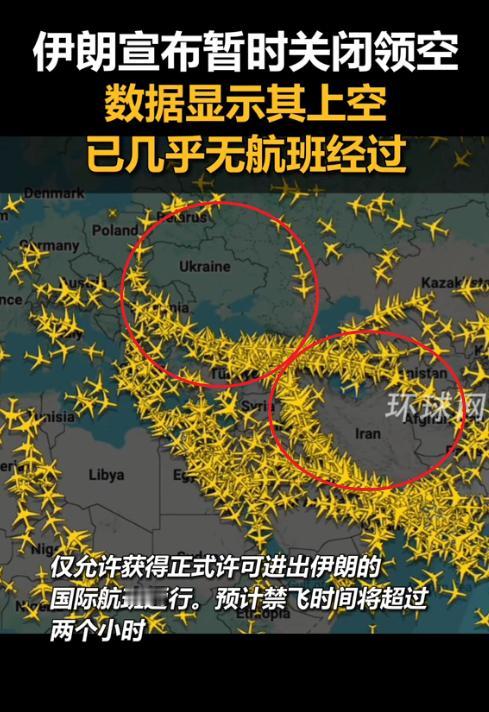 伊朗的空域与乌克兰境内的空域一样干净，形成一个巨大的“8字型”。由于乌克兰领空限