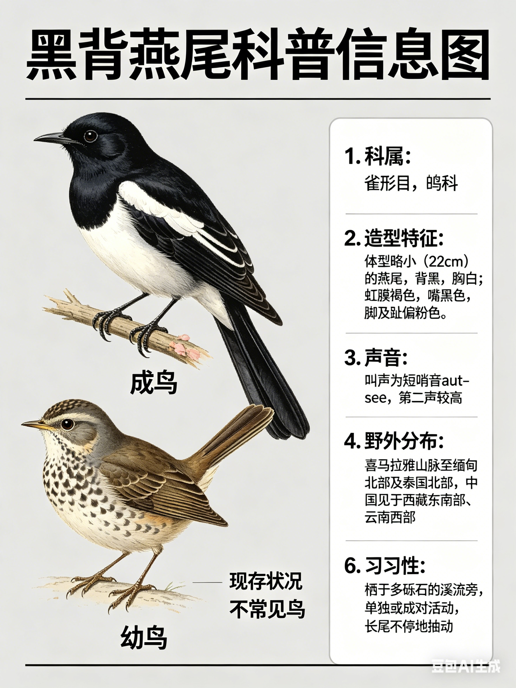 鸟类朋友图鉴黑背燕尾·科属：雀形目，鸫科。·外形特征：体型略小（22cm）的燕