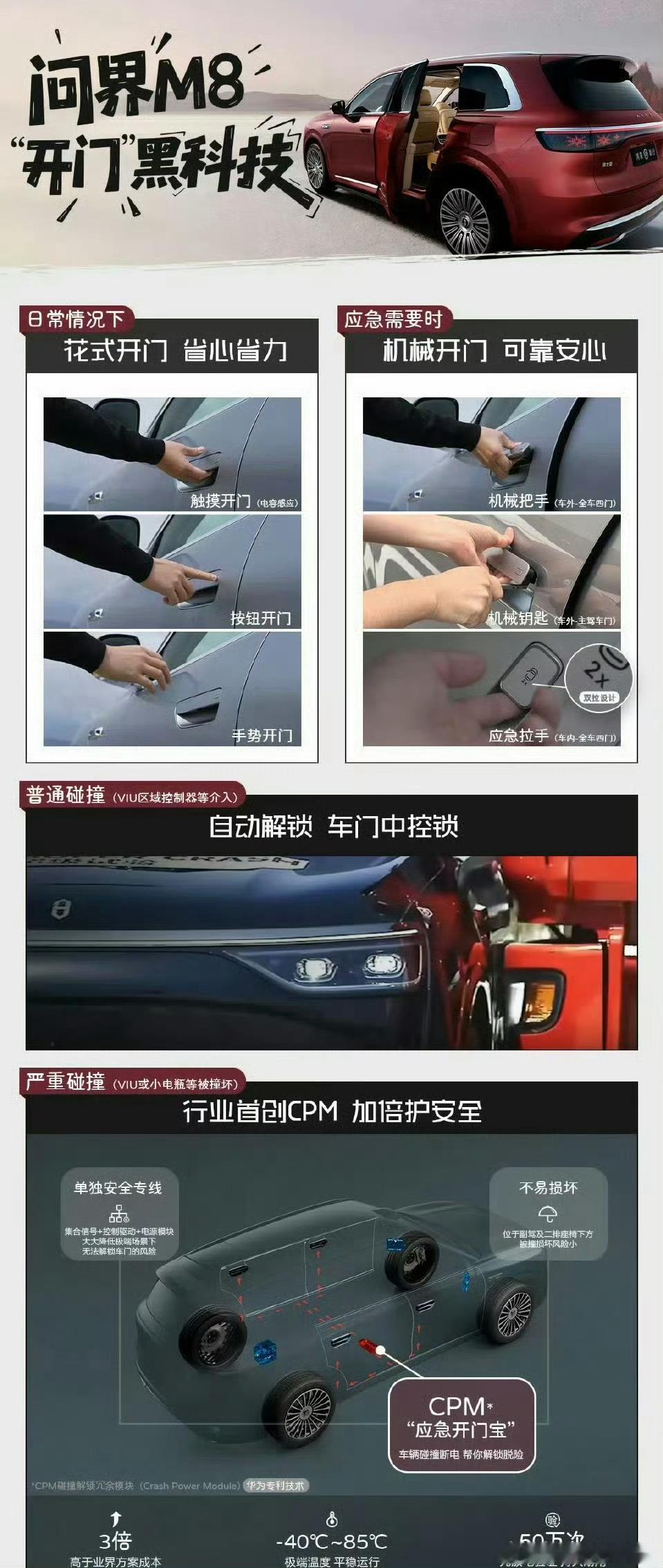 虽然，车辆如果发生严重事故，能解锁车门这个功能很常见但是，还是给问界M8点个赞的