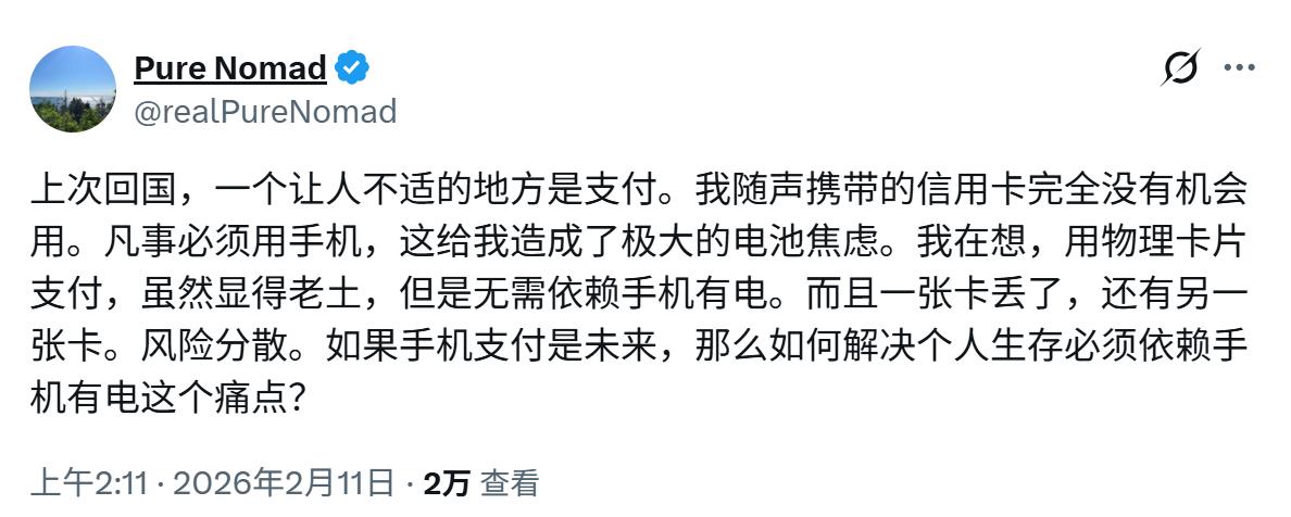 美籍华人回国后很不适应手机支付，说带的信用卡完全没有机会用，总担心手机电池没