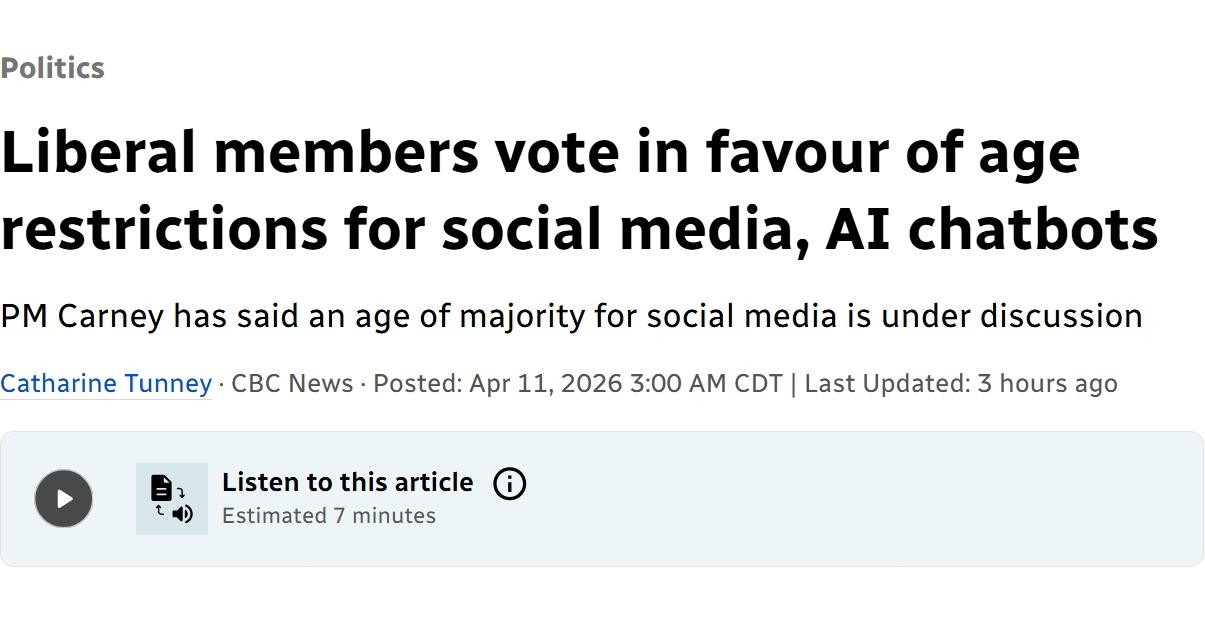 加拿大准备立法对社交媒体和人工智能聊天机器人的年龄进行限制当地时间周六，在加拿