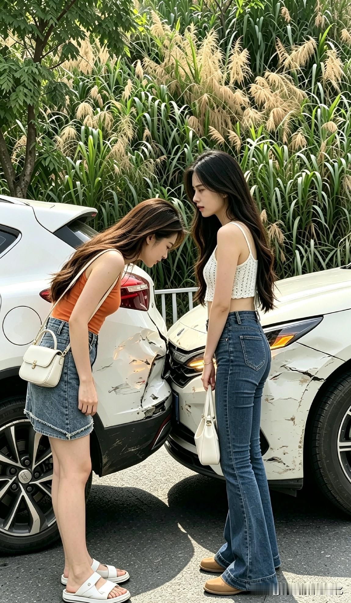 两女司机追尾现场，不吵不闹反而“互相欣赏”，这剧情连交警都不敢信？两辆白车，