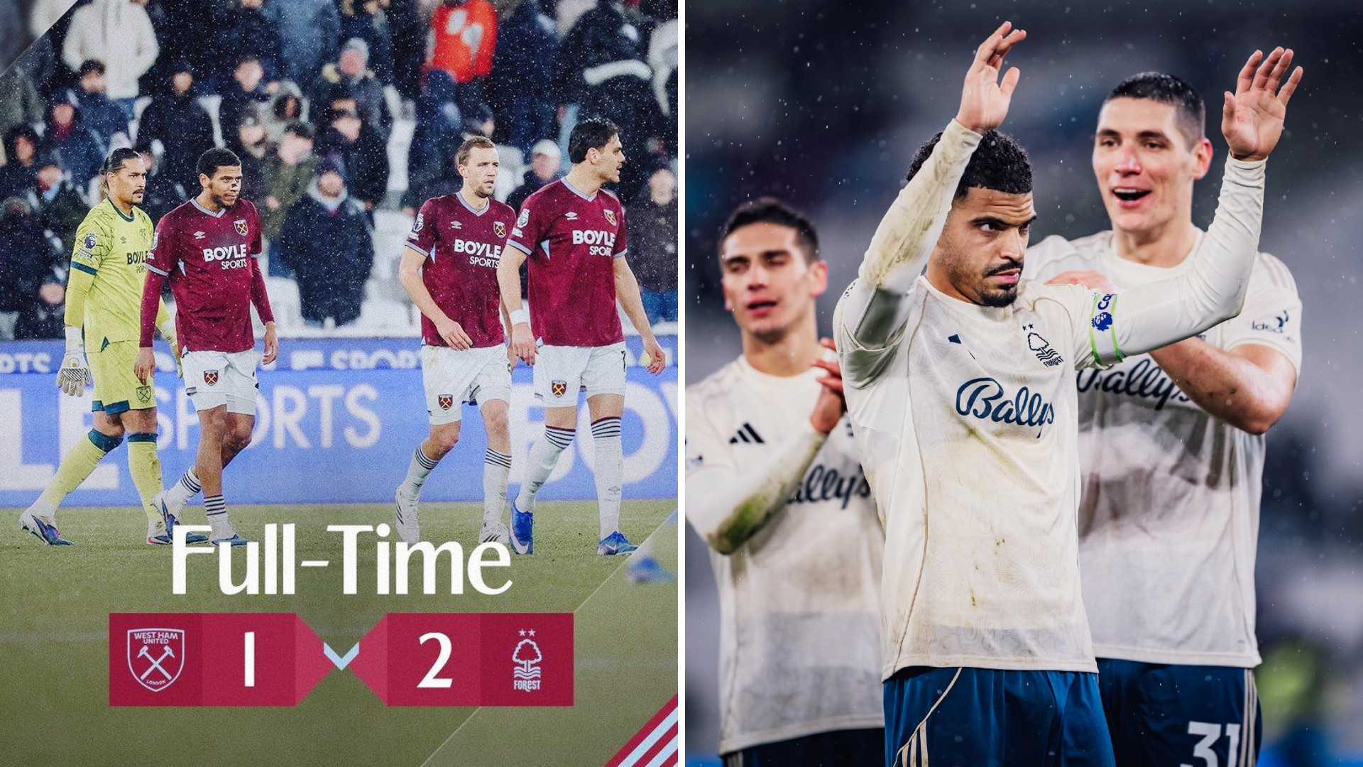 英超：西汉姆联1-2遭诺丁汉森林逆转绝杀，森林21分第17，西汉姆联14分第18