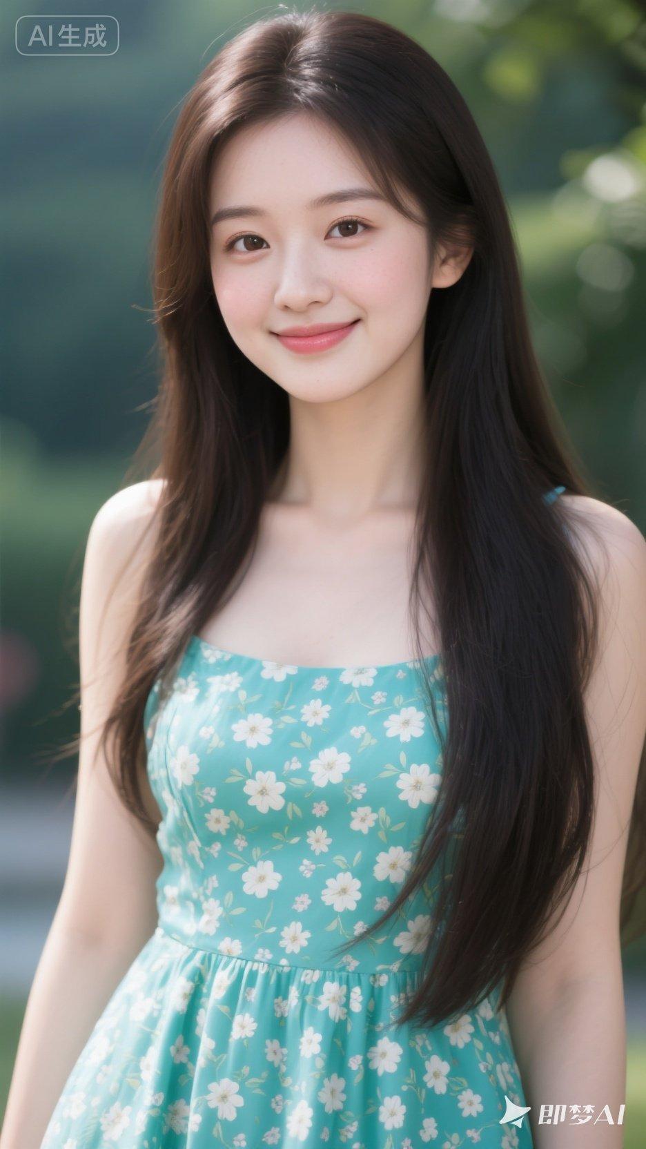 这姑娘穿着花裙笑得真甜。