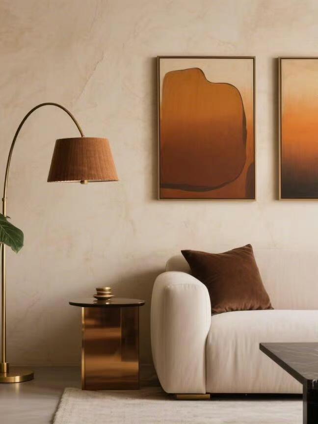 家居设计｜复古风墙面选奶油白艺术漆，柔和不寡淡；柜体、家具用焦糖棕，自带温暖