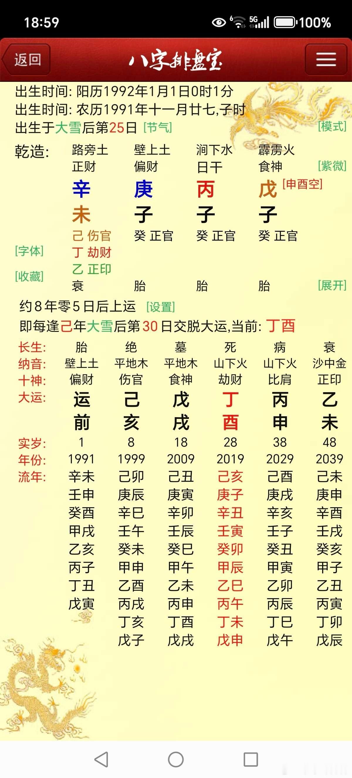 八字大运上下五年分男1992年1月1日子时命例真实反馈：出生地：贵