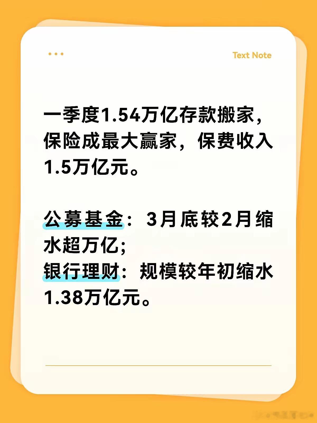 一季度1.54万亿存款搬家，保险竟然成为最大赢家，基金理财则意外遇冷。寿险表现尤