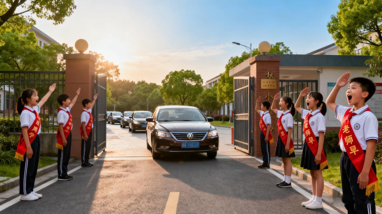 一段杭州笕桥小学学生在校门口向入校车辆敬礼问好的视频近期引发热议。视频中，多名佩