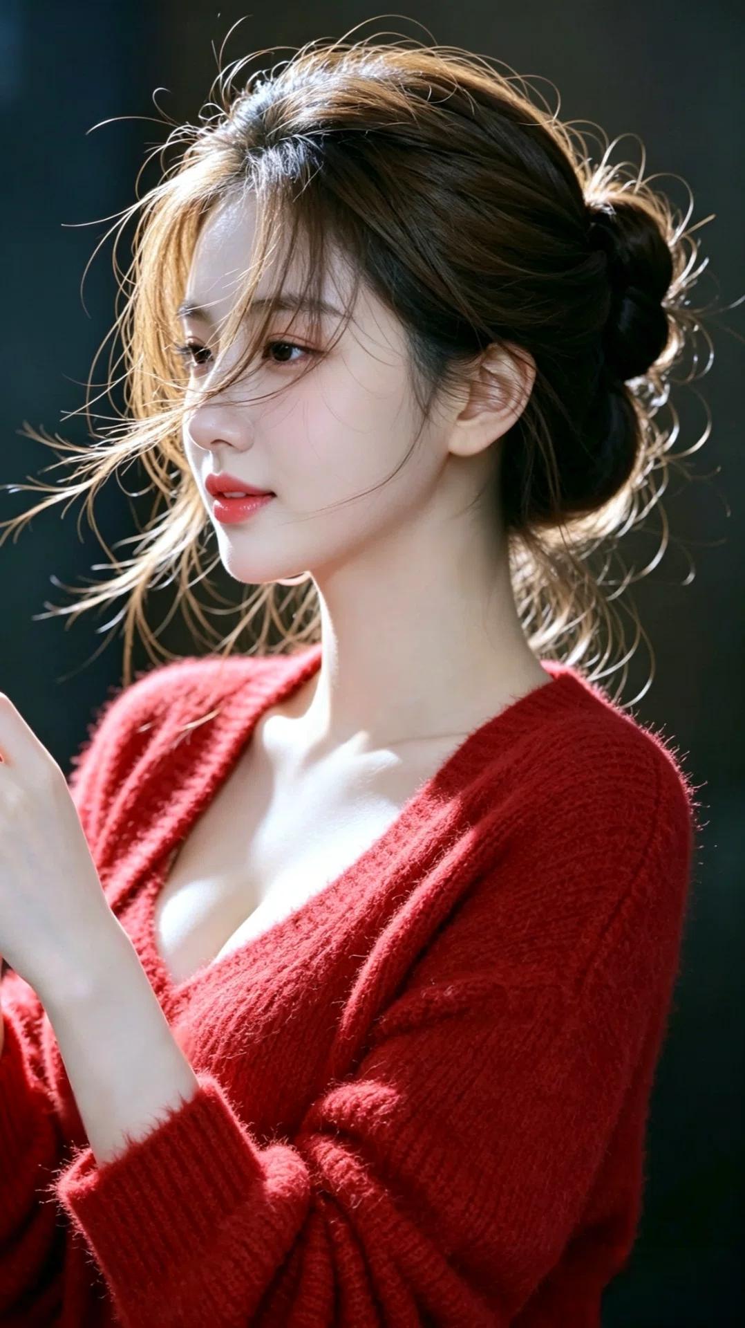 温柔红衣少女，风中轻抚发丝，岁月静好。