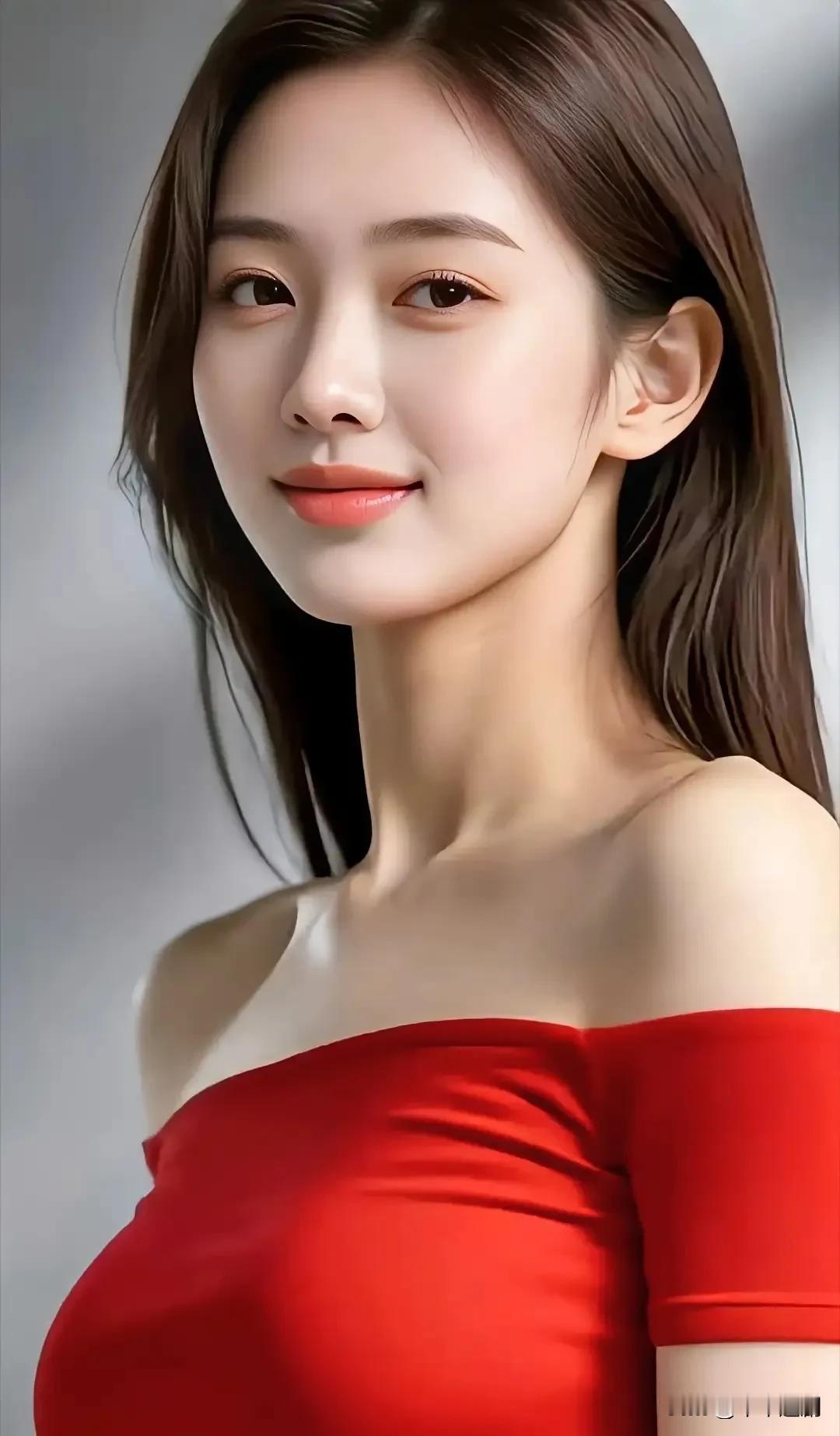 什么样的穿搭可以成为气质女神?红裙露肩晕开柔媚，发丝轻垂裹着温软笑意，浅淡光影