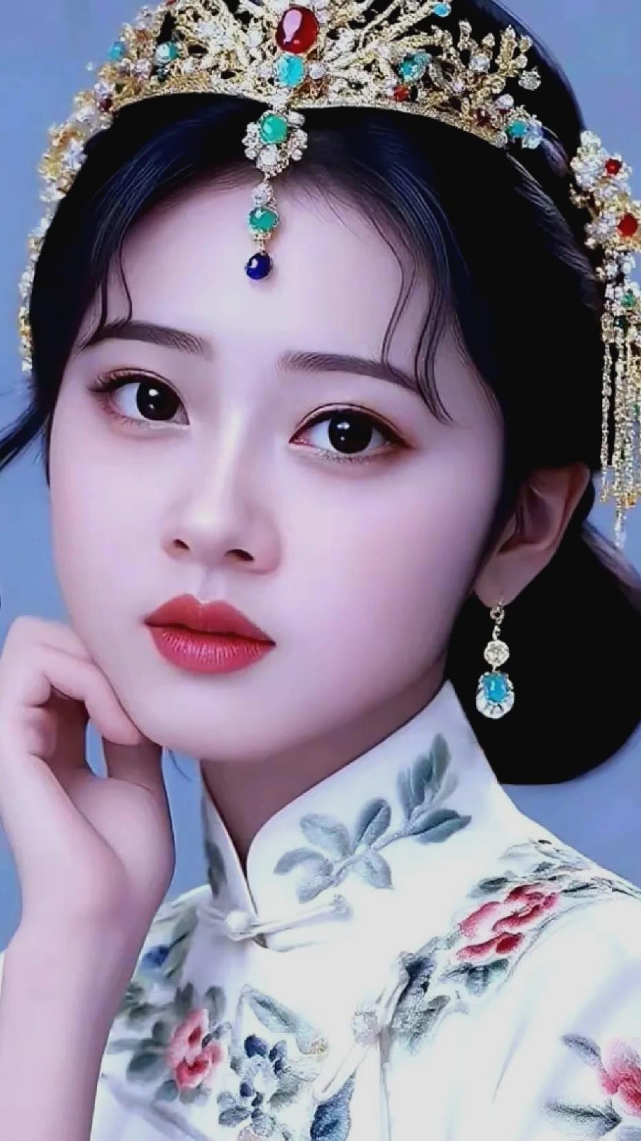 梦幻古风少女，头戴华丽发饰，红唇微启，古典韵味十足。