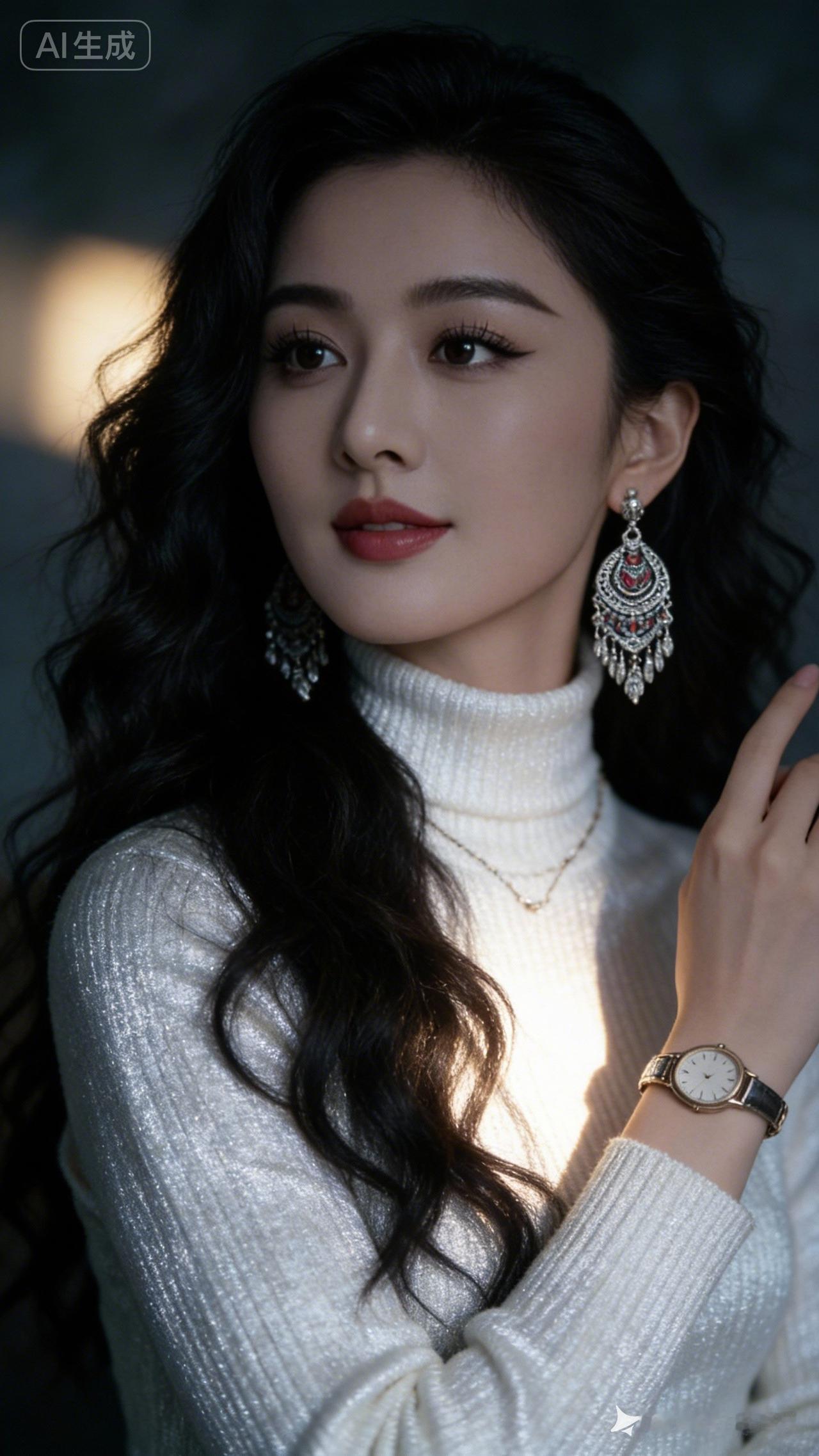 冷艳绝色美人肤白胜雪，五官精致立体，烟熏眼衬长睫魅惑，亮泽红唇噙浅媚笑意。微卷长