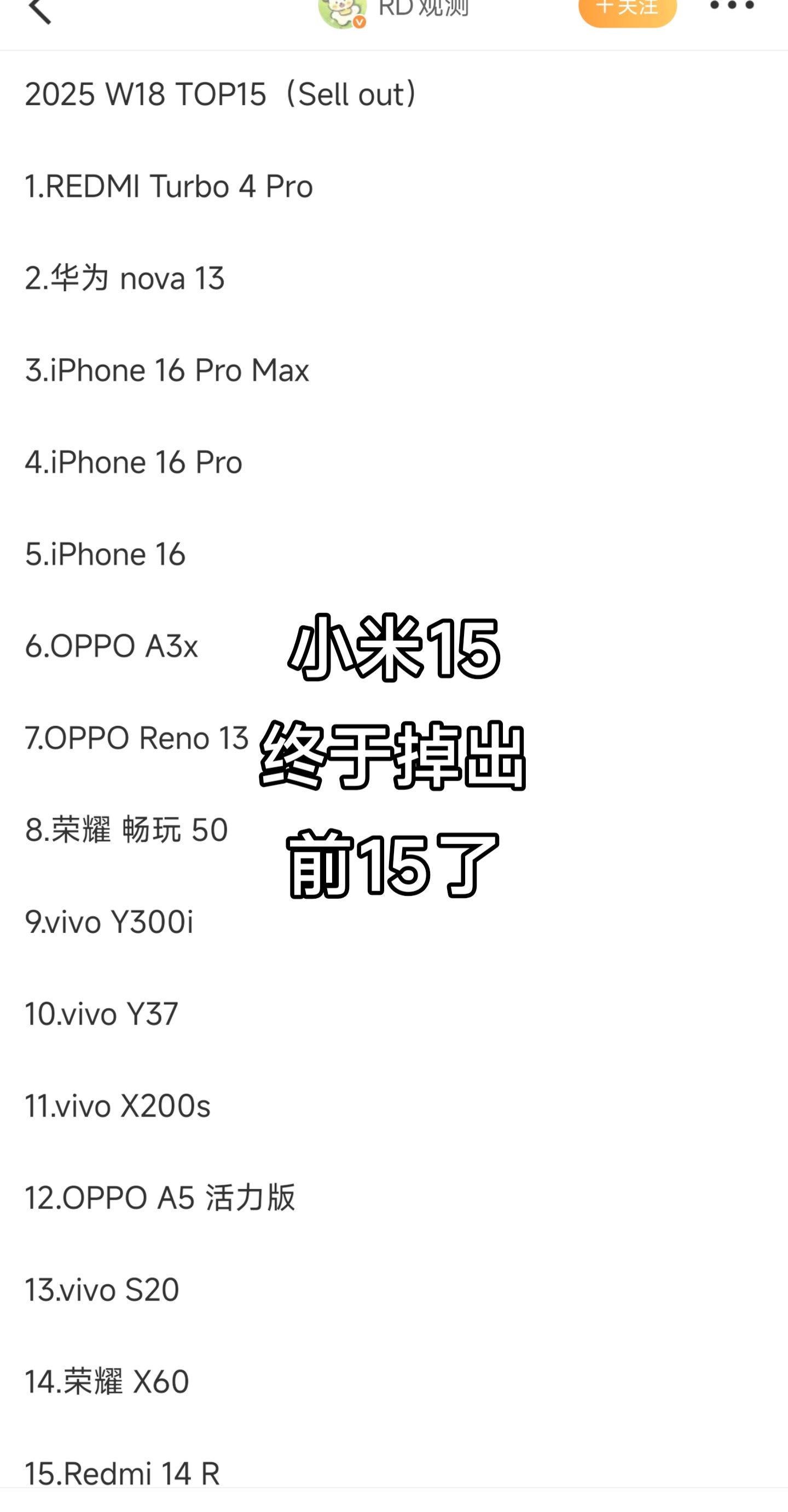 小米15终于掉出前15了，现在站在你面前的是前15唯一国产旗舰～VIVOX20