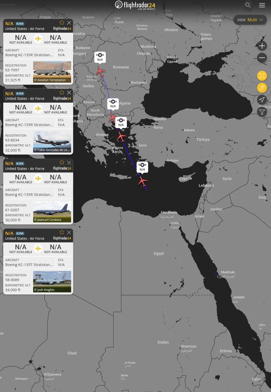 🔻三架KC-135R同温层加油机正从特拉维夫（本古里安机场）飞向欧洲，另有