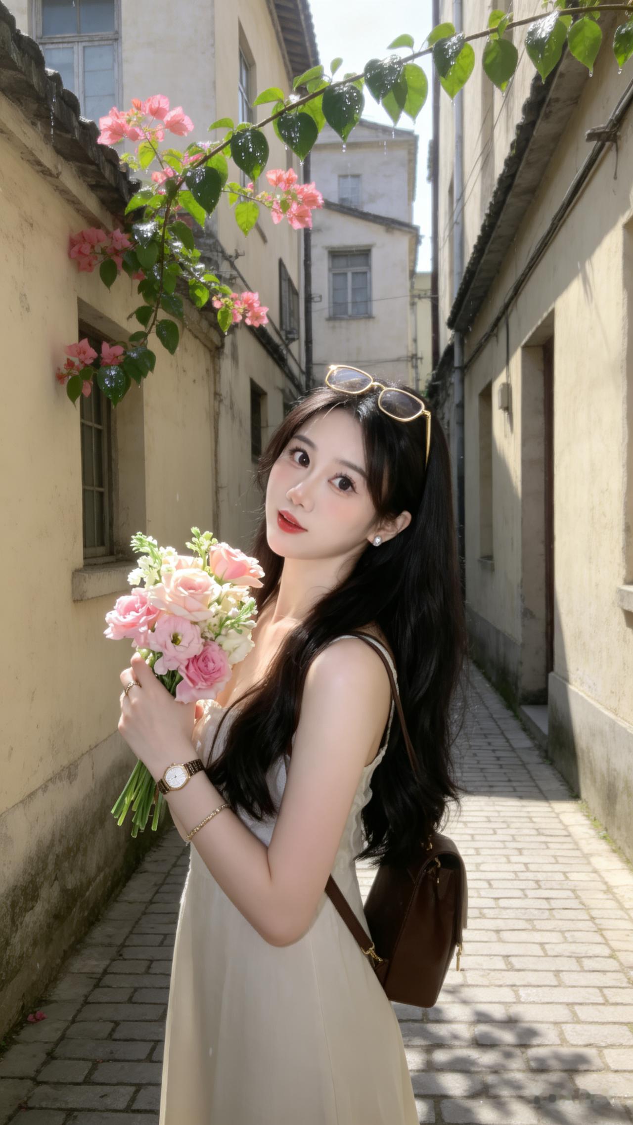 阳光明媚的午后，少女手持鲜花漫步在古巷中，洋溢着青春与活力。
