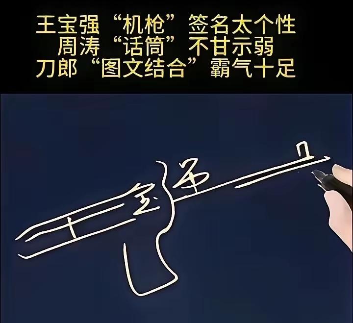大家觉得这三人的签名，哪个最有个性？王宝强的枪，周涛的话筒，刀郎的刀！行走的个