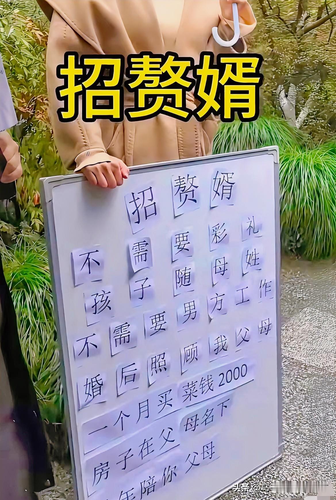 路边举牌招赘婿，这份条件你能接受吗我刷到这个都看愣了，相亲角直接举牌子招上门女