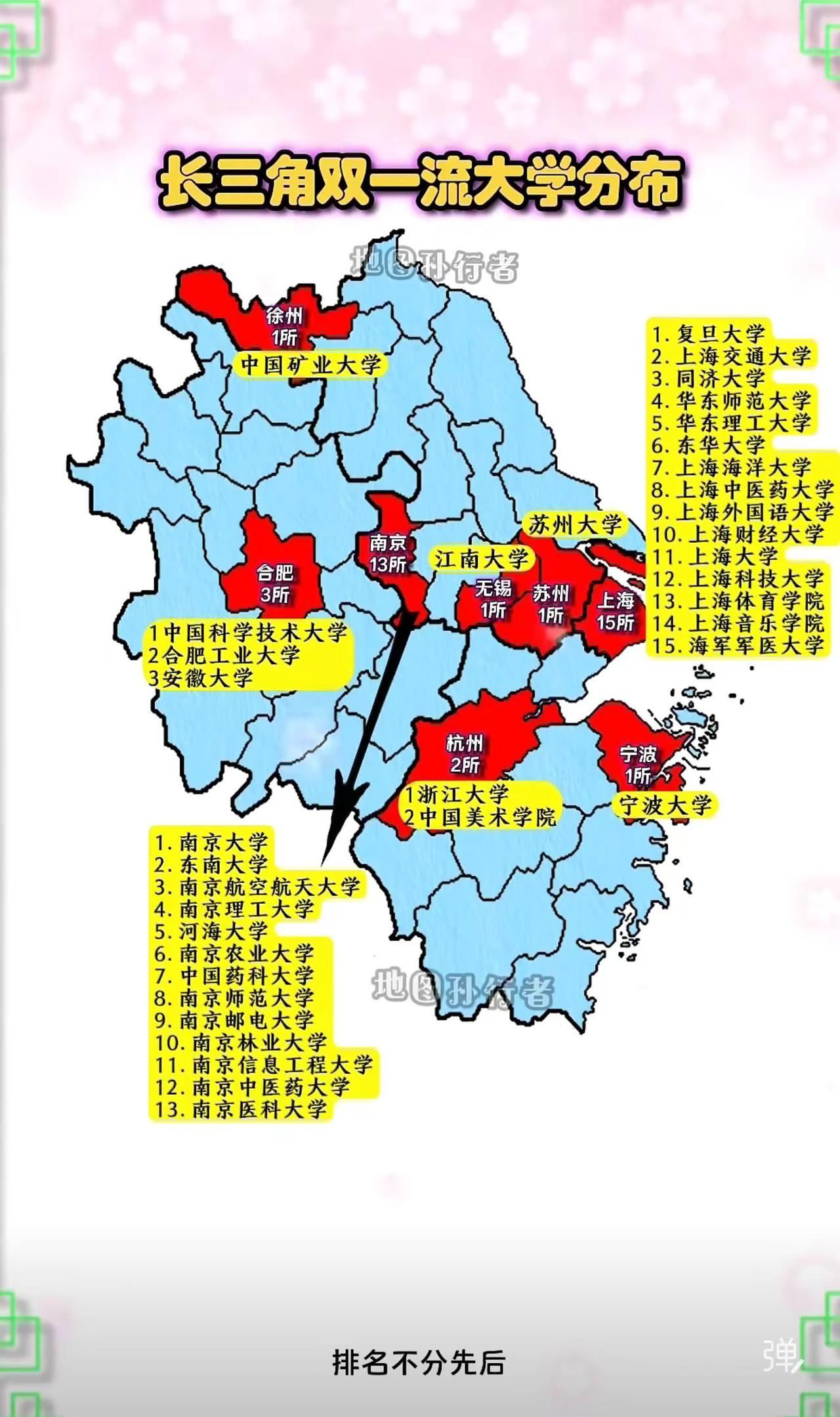 图示长三角地区“双一流”高校的空间分布格局。上海以15所“双一流”高校位居首位，
