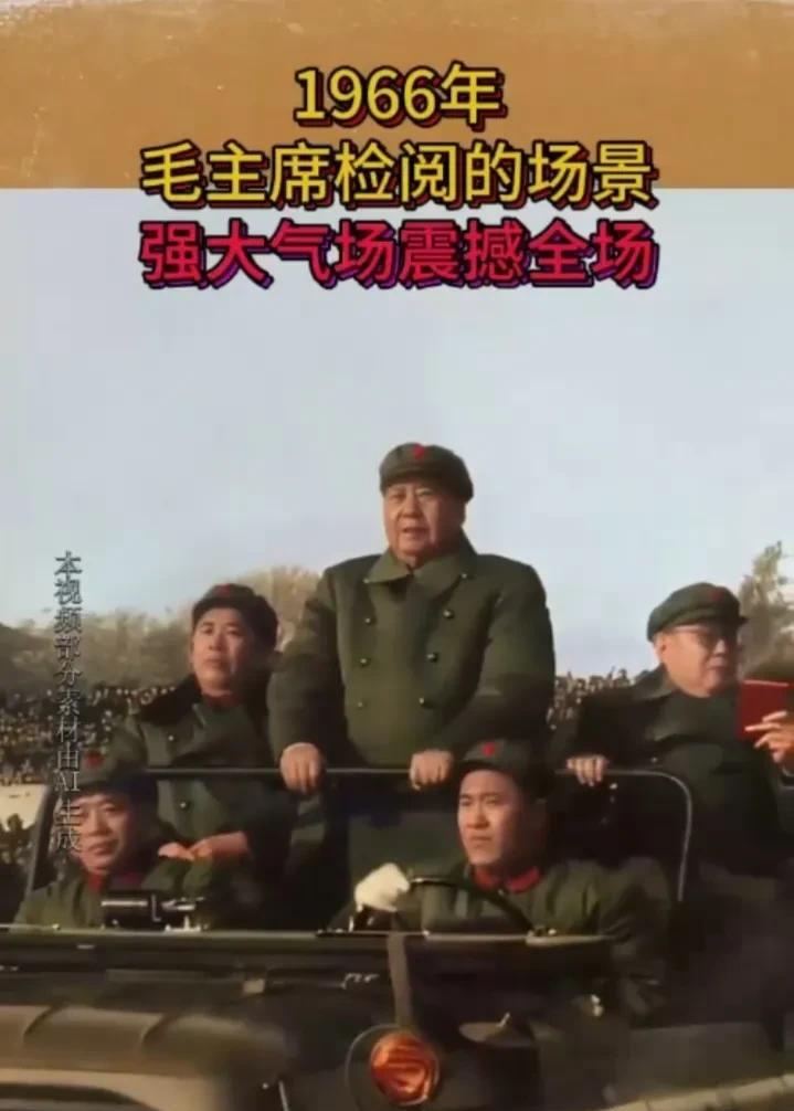 1966年，毛主席检阅的场景，强大气场，震撼全场。他站在车上，目光如炬，挥手间展