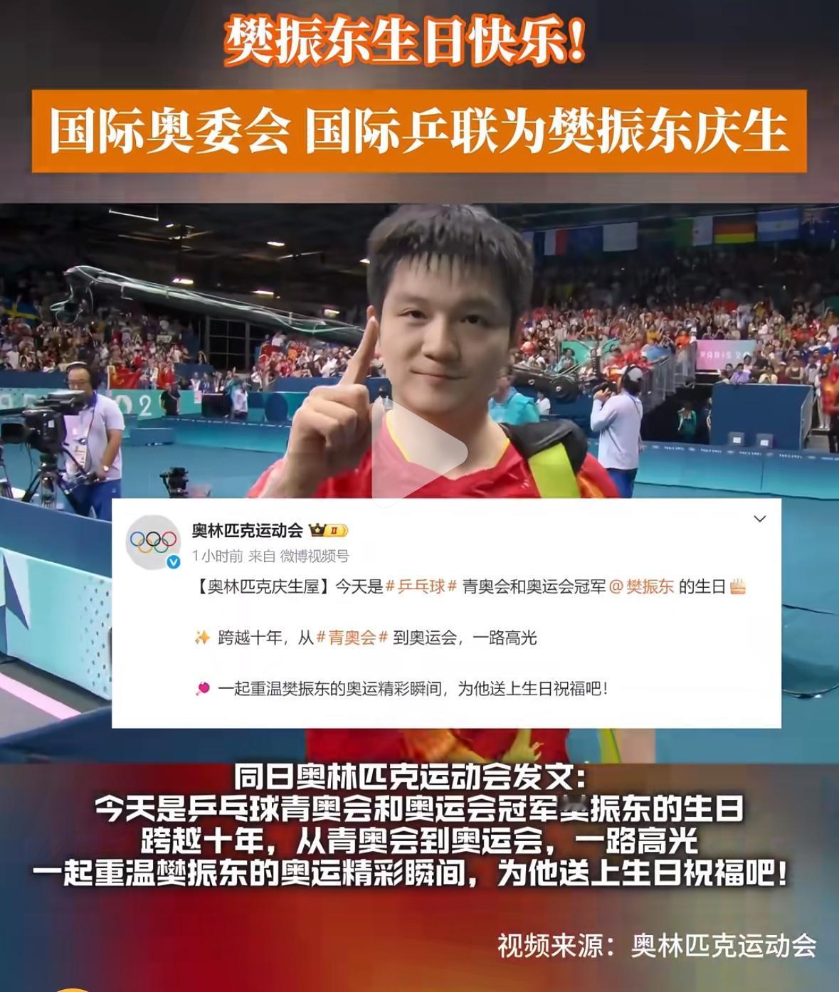 1月22日奥林匹克运动会、国际乒联分别发文祝樊振东生日快乐！奥林匹克运动会发文