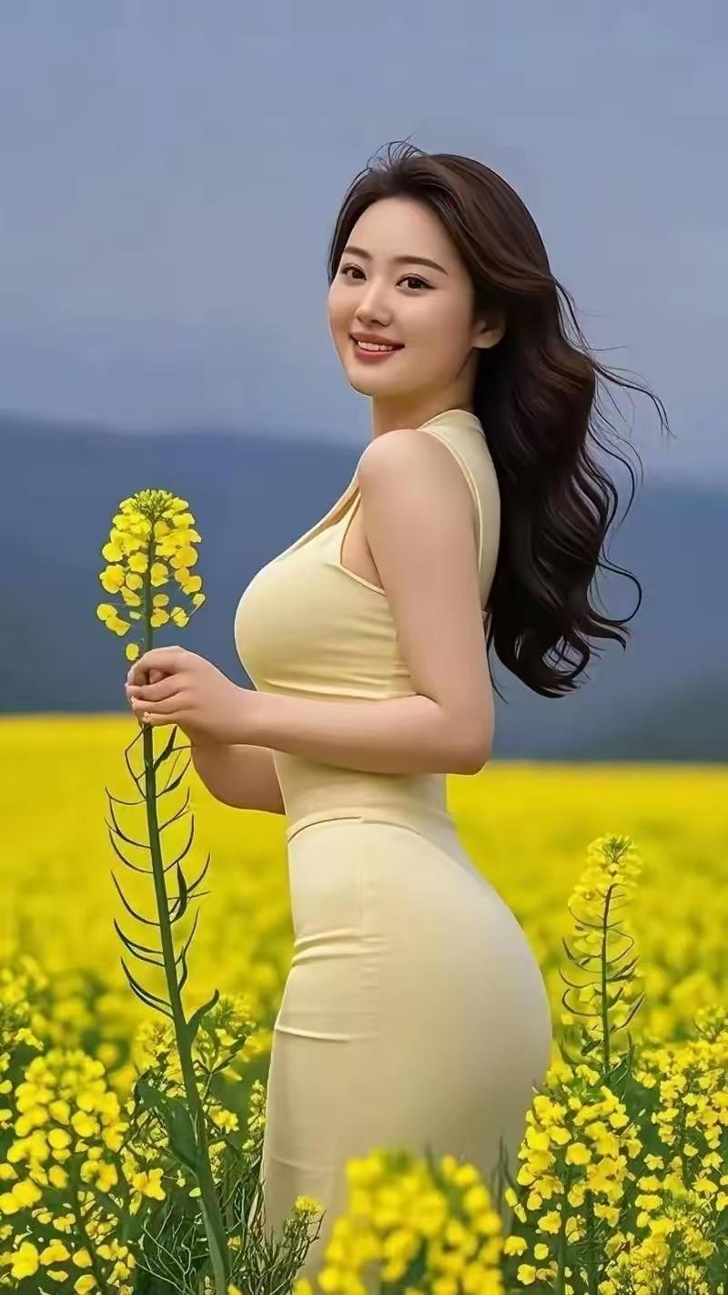 油菜花海娇女郎文/熏墨黄衫女郎映菜花，芳辰风软拂轻纱；眸含春水千般韵，笑