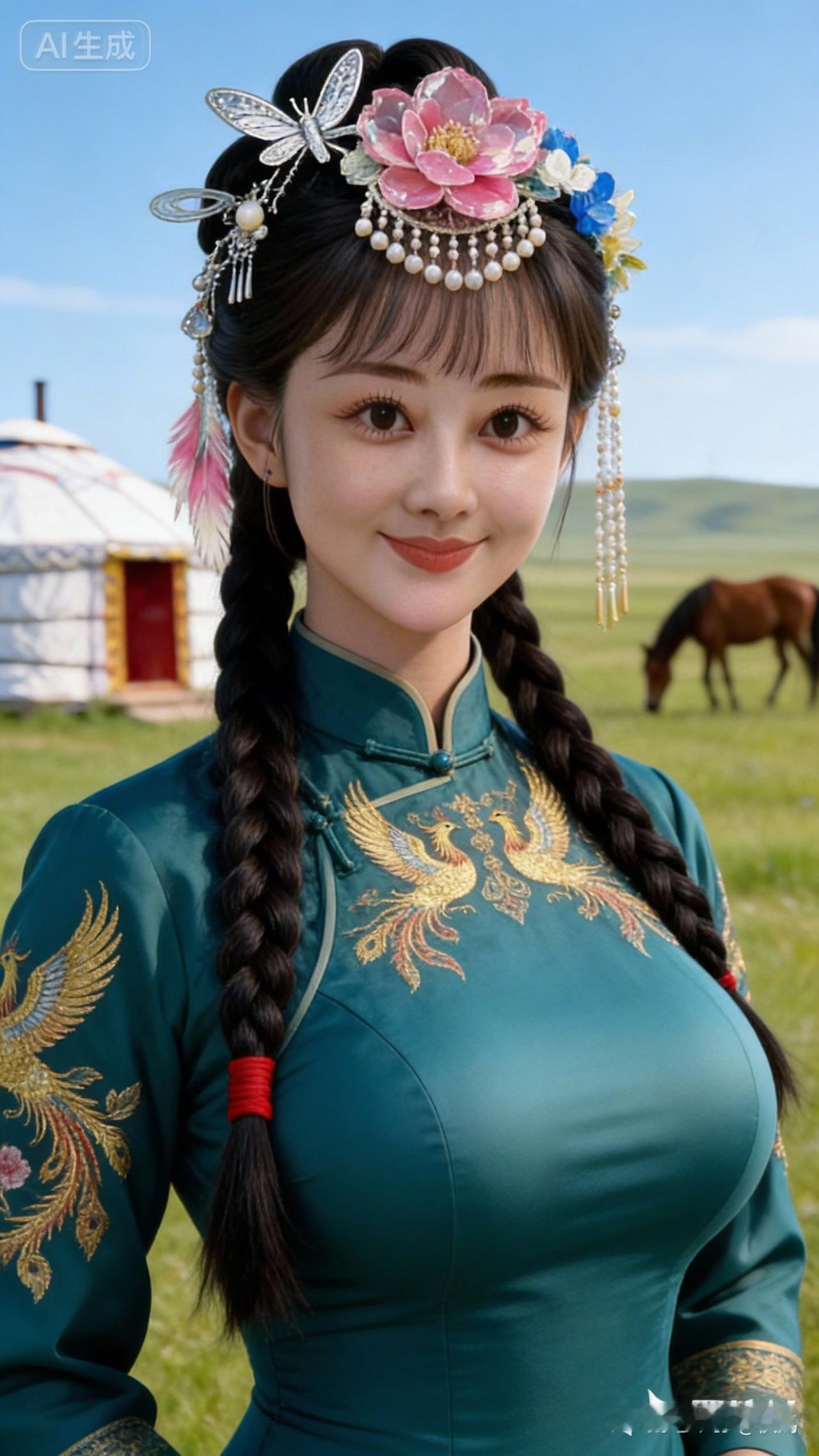 草原上的美丽少女，传统服饰与自然风光完美融合！
