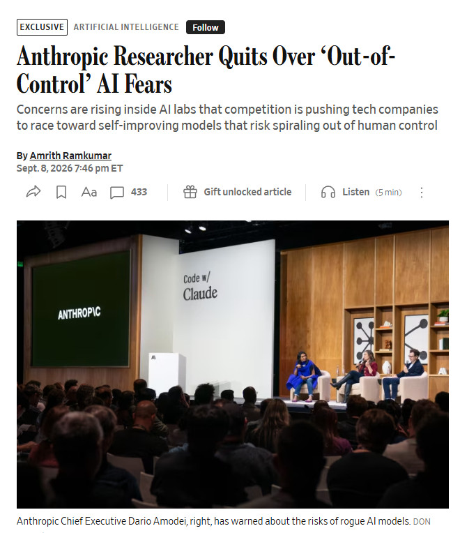 今天的华尔街日报也报道了这个anthropicAI研究员辞职的事。这是一位业内人员读者的评论：“我怀